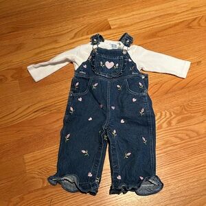 Little Me Denim Overalls with Pink Heart Embroidery. Size 12 M EUC